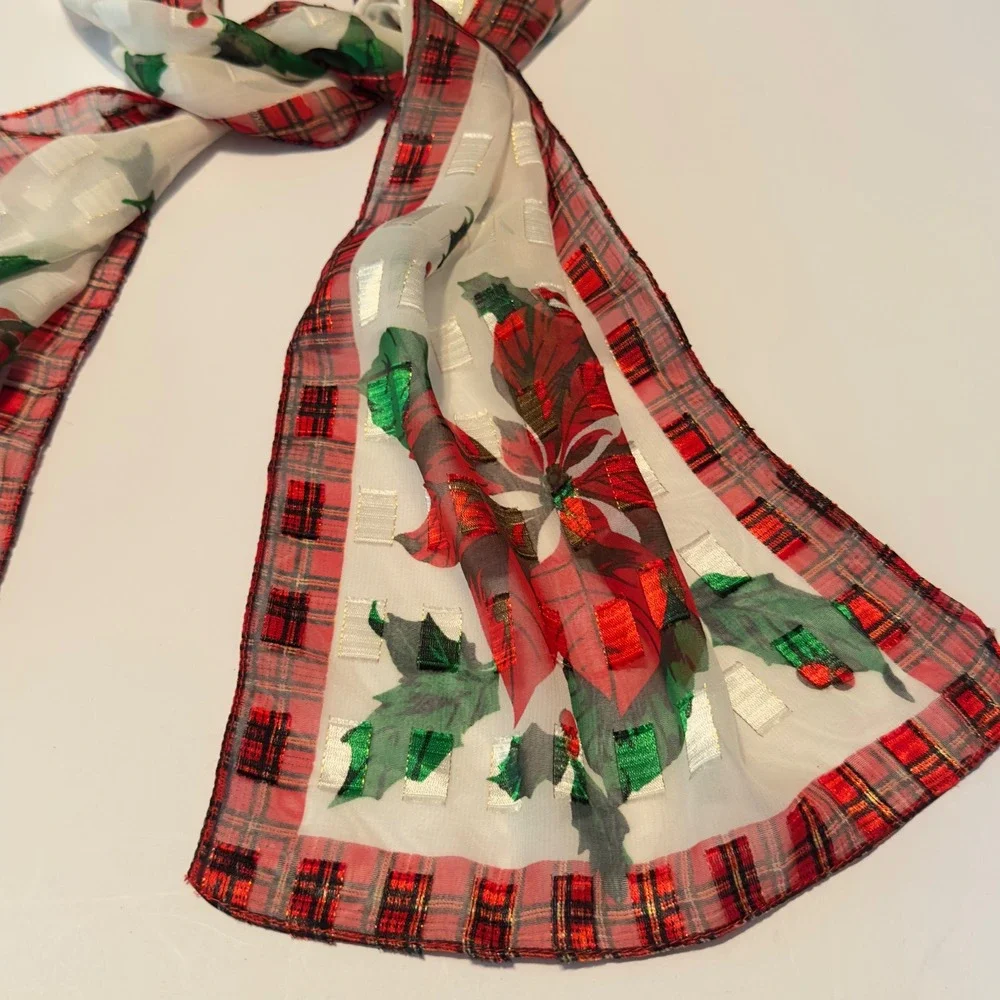 Poinsettia Holly Scarf White Red Plaid Festive Christmas Vintage OS Holiday 61x9